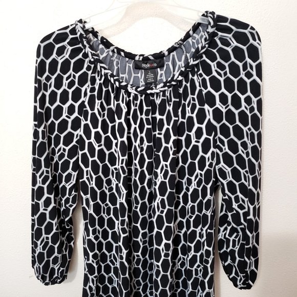 Style & Co Black and White Chain Pattern Blouse Long Sleeve Size Large - Picture 2 of 6